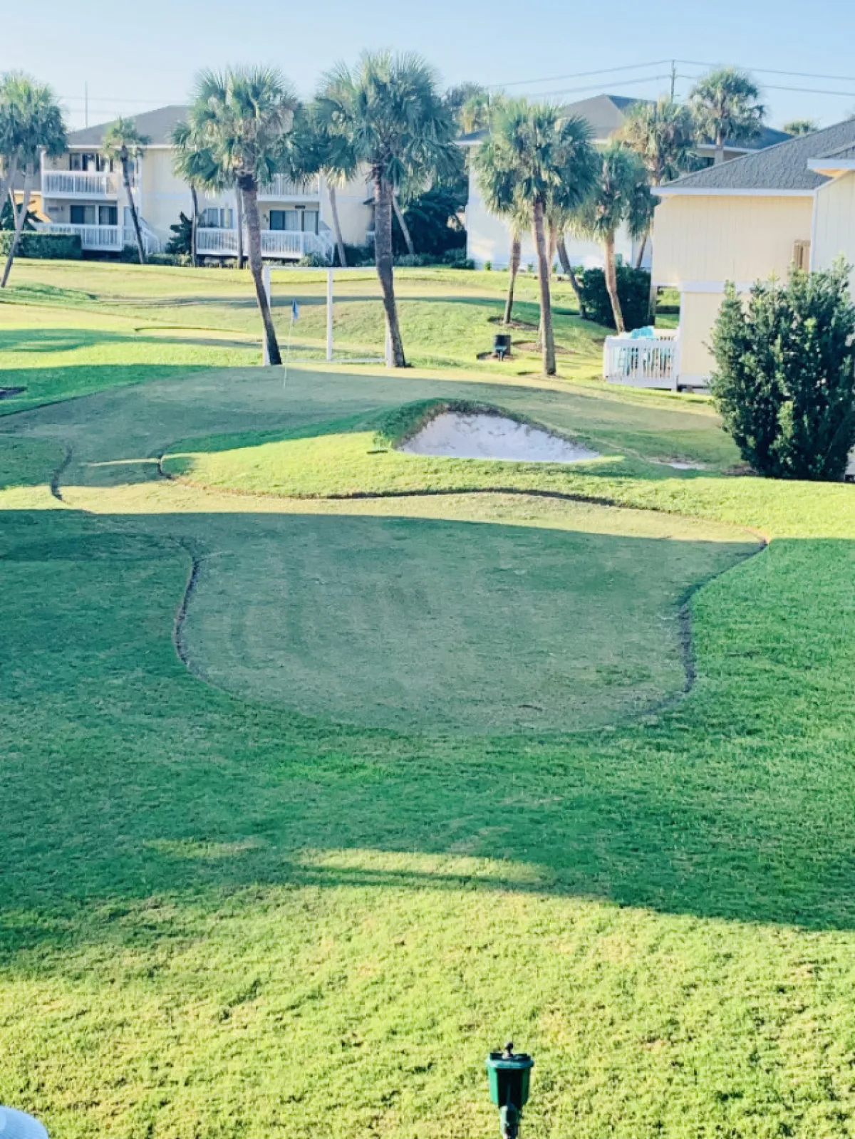 A vibrant view of the community golf green framed by palm trees and surrounded by nearby homes. The sand trap and manicured lawns add to the inviting, leisure-focused atmosphere, exemplifying the community’s golf amenities.