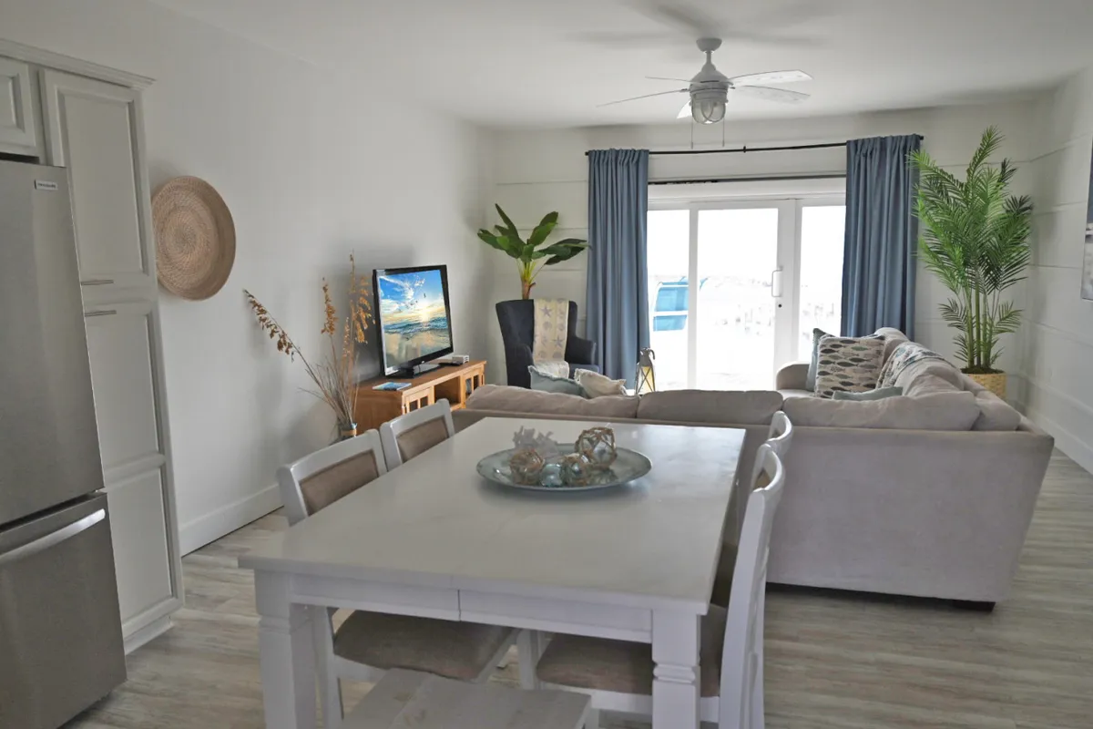 An open-plan living space combining a dining area and a cozy seating area, with a sofa, TV, large windows letting in ample sunlight, and indoor plants. The layout emphasizes comfort, relaxation, and social gatherings, with views outside hinting at the scenic surroundings.