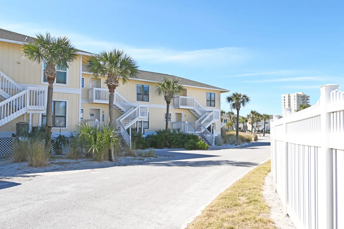 This exterior scene features two-story beachfront condo buildings with exterior staircases, palm trees, and a pathway lined with coastal vegetation. The setting feels tranquil and inviting, suggesting a community where pets and their owners can comfortably explore the surroundings.