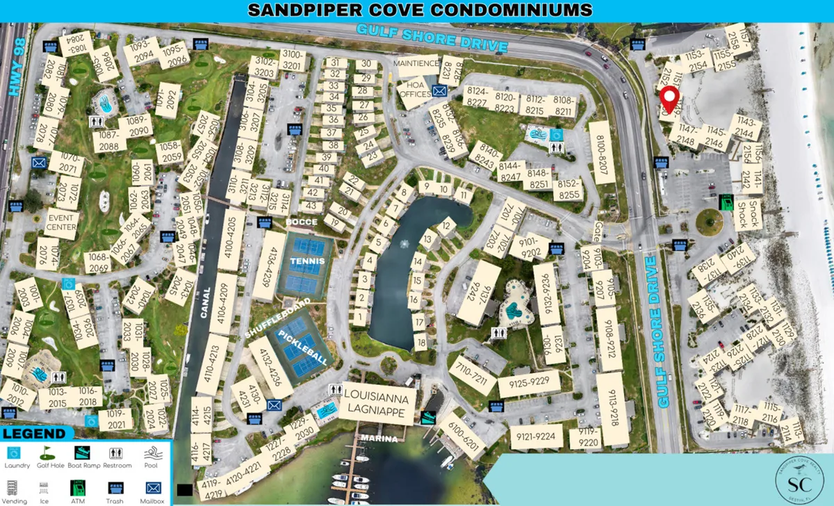 A wide-angle exterior view highlighting Sandpiper Cove’s condominium buildings, tennis and pickleball courts, and the private marina. Palm trees and lush landscaping add to the tropical resort feel, while the courts are clearly visible, inviting guests to play. The marina and beach access points are also shown, underlining the variety of activities on offer.